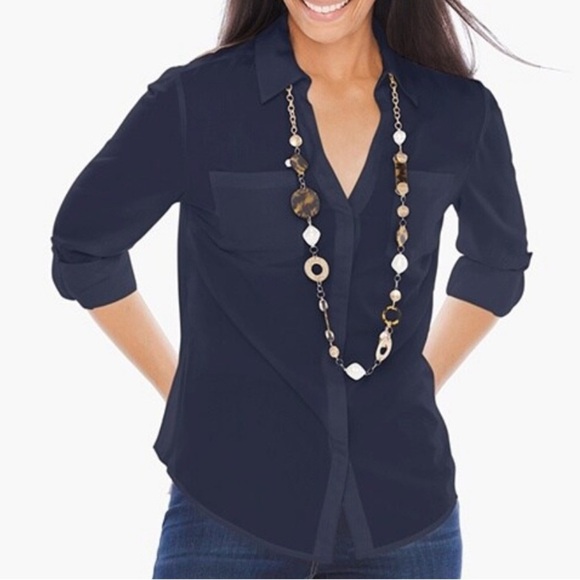 Chico's Tops - Chicos Women 0/S Blue Roll Tab Sleeves Button Front Silky Soft Relaxed Shirt